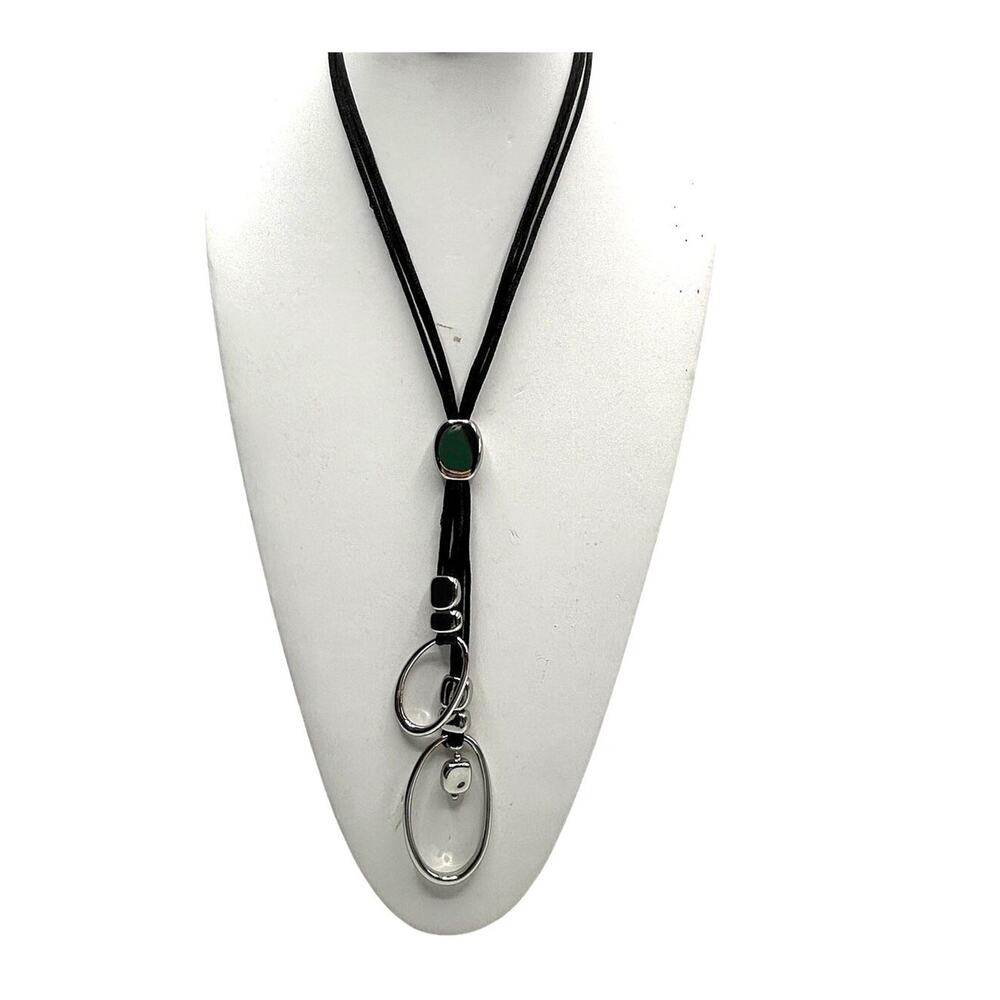 Chico's Bolo Style Y-Drop Necklace Black Silver Tone Cowgirl Western NWT
